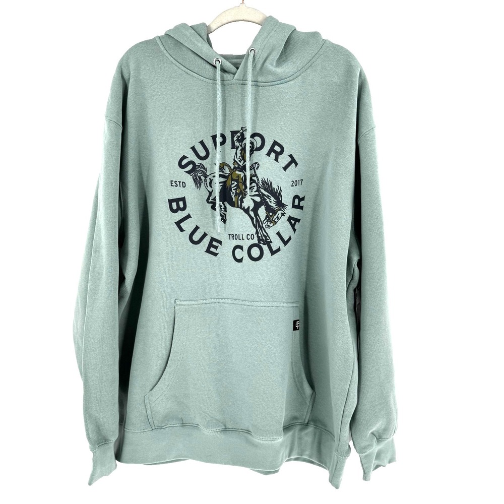 NEW Troll Co‎ Women's Support Blue Collar Rodeo Hoodie Sweatshirt XXL Sea Foam